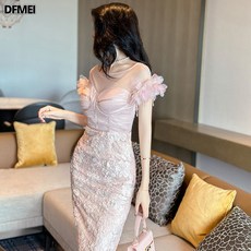 DFMEI 드레스 여름 여성복 기질 꽃잎 소매 배색 레이스 슬림원피스 20648