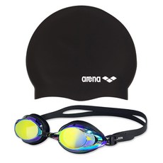 Arena 游泳帽 A0AC1AC20 黑色+鏡面泳鏡 SGT-601M 銀色, 黑色(泳帽)+金黃色(泳鏡)