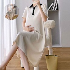 퍼프원피스 배색카라 원피스 미디움 임산부 베이직 반팔 일상복