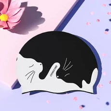 실리콘 수영 모자 대형 편안한 샤워 캡 방수 남녀 모두에게 적합한 액세서리, 02 Black-White-Cat