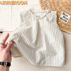 女童背心夏季2026新款韓版時尚條紋無袖上衣洋氣簡約花邊圓領T恤