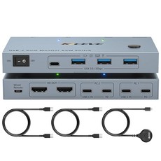 USB C KVM 스위치 2 모니터 2 노트북 2대용 4K@60Hz 듀얼 2대 2대와 USB3.0 장치 4대 80W PD 충전 유선 리모컨 및 케이블 포함, USB 3.0 KVM 스위치 2 노트북