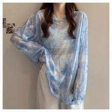 Ladyshare 韓版炫染微透網紗防曬冰絲薄款透視長袖T罩衫 女裝寬鬆顯瘦上衣【G025】, 藍白,F