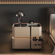 【格森】實木床頭櫃 現代簡約奶油風家用臥室儲物懸浮感應燈床邊櫃, 淺灰色【岩板】+感應燈,45*40*45cm, 1個