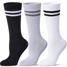 TOE 토tally 여성용 필라테스 그립 양말 스트라이프 요가 미끄럼 방지 쿠션 롱 바레 댄스 운동용 3켤레 169974, 화이트/라이트 그레이/블랙