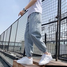 牛仔褲 牛仔縮口褲【S-4XL】鬆緊腰長褲 工作褲 復古男生牛仔褲 九分褲 潮流哈倫寬鬆束腳褲