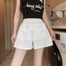 美式速乾工裝短褲女夏季新款高腰抽繩大口袋A字休閒短褲, 米白H-1803, M