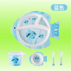 YIChu-竹纖維兒童餐具套裝卡通輔食碗寶寶喫飯分格盤子小孩子餐盤勺叉杯 AAPO, 029神仙魚藍色, 1個