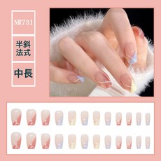 DFMEI 多彩線條半斜法式穿戴甲片溫柔甜美粉透美甲貼片純欲風新品假指甲, 1組, NR731 半斜法式(送膠水):如圖