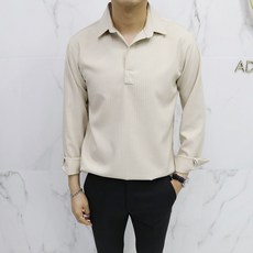 條紋半開亨利領長袖襯衫