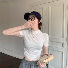 해피유통스윗시크 슬림핏 반목 반팔 티셔츠 여성 여름 크롭 상의