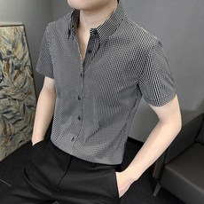 여름 남성 체크 패턴 주름 방지 슬림핏 데일리 클래식 반팔 칼라 셔츠
