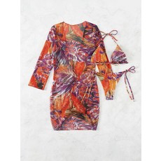 透明網紗數碼印花防曬沙灘比基尼泳衣三件套