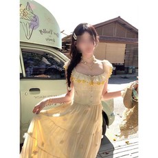 티류으스 여성 봄 블루 롱 프린트 플레어 슬리브리스 원피스 디자인 감각 고급 프렌치 스타일 슬림핏 미니 슬리브 드레스 WY