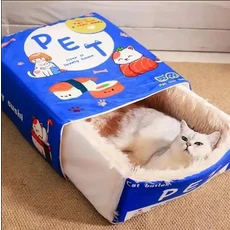 완전히 밀폐된 비스킷 박스형 고양이 침대 직사각형 풀아웃 간식 집 쿠션 동굴 (지퍼 포함), 02 Blue-Sushi Box