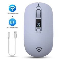 T03 듀얼 모드 무선 마우스 블루투스 무소음 클릭 충전식 500mAh DPI 조절 가능 스마트 디지털 디스플레이, 01 Purple