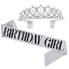 트윙클 티아라 글리터 생일파티 어깨띠 세트 [에브리띵스마일] 1197, 1세트, 실버 걸