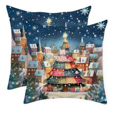 ANNA QUEEN 크리스마스 빌리지 트리 베개 커버 45.7 x 45.7cm18 18인치 2개 세트 - 패치워크 트리와 별이 있는 축제 마을 휴일 장식용 쿠션 200093, #27