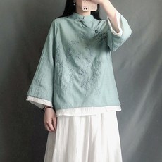 棉麻刺繡盤扣襯衫