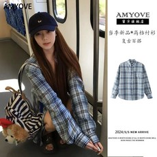 AMYOVE多巴胺黃色格子襯衫春秋季新款寬鬆慵懶風長袖襯衣學生 上衣