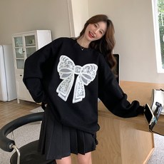 SAHINER 겨울 여성 기모 맨투맨 루즈핏 레이스 리본 긴팔티셔츠 AWY90