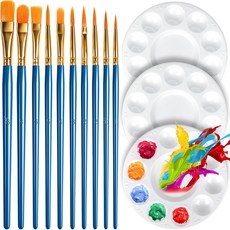 팬다메이 원형 페인트 트레이 팔레트 및 브러시 세트 3개의 PCS 플라스틱 10개의 아크릴 나일론 헤어 페인팅 오일 수채화용, Blue, 1
