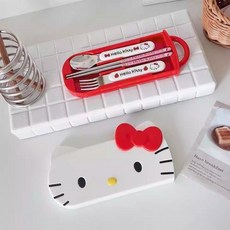 산리오 캐릭터 휴대용 수저 세트 귀여운 카툰 식기, 1세트, 숟가락+젓가락+포크+수납함, 헬로키티