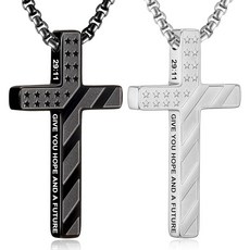 HSWYFCJY 실버 블랙 2피스 미국 국기 성경 구절 십자가 목걸이 남성용 남아용 316L 스테인리스 스틸 종교 기독교 기도 펜던트 체인 신앙 애국 주얼리 선물 스틸 보석