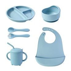 DFMEI 硅膠餐盤圍兜嬰兒童碗餐具叉勺防摔零食杯子套裝兒童輔食硅膠餐盤, 1個, 6件套藍色:如圖