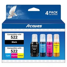Acaves 522 잉크 리필 병 ET-2800 ET-2400 ET-4800 4병 Epson 교체용 블랙 색상 EcoTank ET-2803 ET-2720 ET-2840 ET4, Acaves 522 잉크 리필 병 ET-2800 ET-
