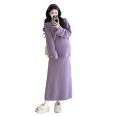 임산부 겨울 스커트 세트 가을 겨울 편안한 우아한 임부 니트 탑 + 스커트 투피스 JS