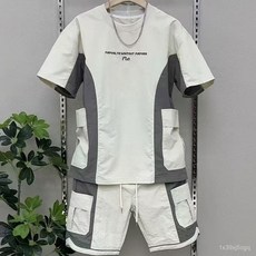 男生夏季冰絲休閒運動套裝，五分沙灘褲寬鬆薄款直筒褲，2025新款舒適透氣, 白色套裝 【短袖+短褲】,4XL 建議180-200斤