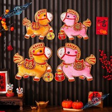 馬年福字門貼對貼2026新款過年入戶門裝飾立體毛絨福字貼紙, 小號提花布飛馬對貼,新年生肖對貼