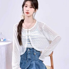 코바늘 가디건 여름 트위드 조끼 카디건 살안타 태국, 1개, 흰색 S