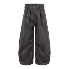 美式復古腰帶裝飾打褶條紋西褲寬鬆直筒闊腿休閒褲