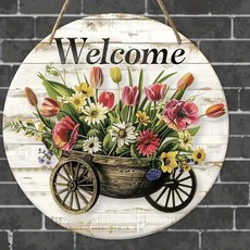 플랫 빈티지 프린트 나무 표지판 장식 환영 벽걸이 카트 꽃 실내실외용, 휠 플라워 (m147)