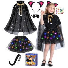 Teuevayl 여아용 검은 고양이 코스튬 및 망토 7피스 LED 조명 어린이 고양이 할로윈 코스튬 만 3 4 5 6 7 8세 여아용 (퍼플), Black