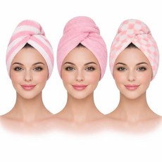 KELVO Microfiber Hair Towel Wrap for Women – Ultra Absorbent Rapid Dry Turban Anti-Frizz Quick We, 3 Pink (Solid,stripes,chess)