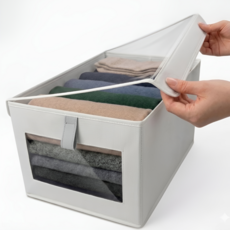 지티오비 의류 정리함 접이식 옷정리 박스 투명창 옷장 수납정리함, 1개, 크림베이지