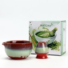 獨立站抹茶茶具套裝 粉禮盒四件套 茶筅 百本立 抹茶碗 帶嘴, 窯變漸變紅綠 ：2件套, 1個