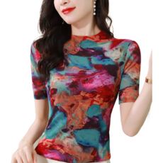 Makone 여름 망사 프린트 티셔츠 여 반팔 코디 상의 빅 사이즈에 레이스 레깅스 여