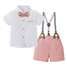 ZOEREA 유아 남아용 옷 만 1-5T 남아용 신사 정장 반소매 셔츠 + 서스펜더 팬츠 + 나비넥타이 유아 드레스 남아용 의상 연한 녹색.