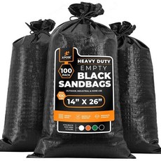 엑스포즈 세이프티 헤비 듀티 샌드백 끈이 달린 빈 직물 폴리프로필렌 허리케인 홍수 방어용 100파운드 용량 14인치 x 26인치 검은색 100개 묶음, 100개의 모래주머니, 검정