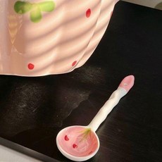 草莓南瓜陶瓷雙耳碗 附勺筷, 1個, 少女心陶瓷勺