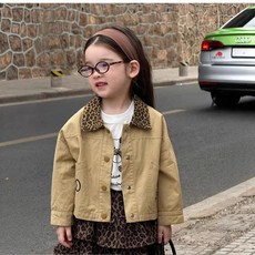 兒童夾克秋季2025新款女孩洋氣時髦女童外套豹紋翻領卡通貓開衫