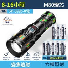 微笑鯊 SD5996 高亮強光手電 15000LM 爆亮變焦露營燈 夜巡燈, 1個, 【８電】微笑鯊 數顯 SD-5995