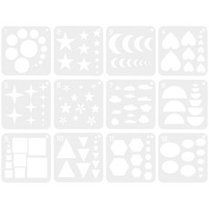 OUNONA 스텐실 시트 템플릿 12매 세트 기하학 무늬 그림 그리기 제도 DIY 수공예 크래프트 꽃무늬 별 모양 그리기 도구
