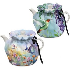 단열 주전자 커버 티포트 코지 주방 티팟 먼지 아침 식사 냄비 워머 커버고무밴드 포함 벌새와 꽃 프린트, 허밍과 꽃