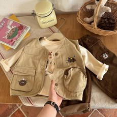 可愛兔童裝韓版卡通水洗棉馬甲，兒童立體口袋拼色馬甲，寶寶時尚穿搭必備，柔軟舒適水洗棉材質