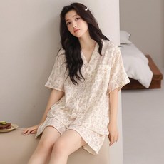 夏季翻領短袖睡衣女款短褲套裝